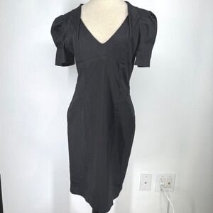 Vintage Bebe Babydoll Midi Dress Deep V Neck Open Back Size M Puff Sleeve Career